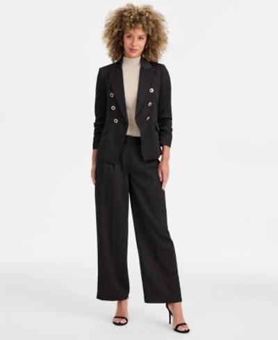 Tahari Asl Double Breasted Blazer Mock Neck Sweater Satin Pants