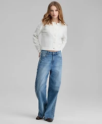 And Now This Women's High-Rise Faux-Pearl-Side Wide-Leg Jeans, Macy's Exclusive