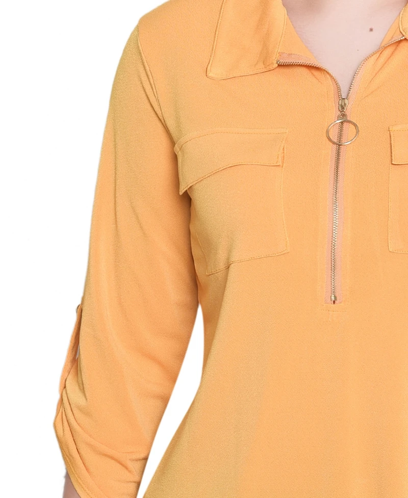 Ny Collection Petite 3/4 Sleeve Zip Front Top