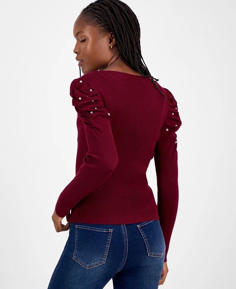 Madden Girl Juniors' Puff-Shoulder Rhinestone Sweater