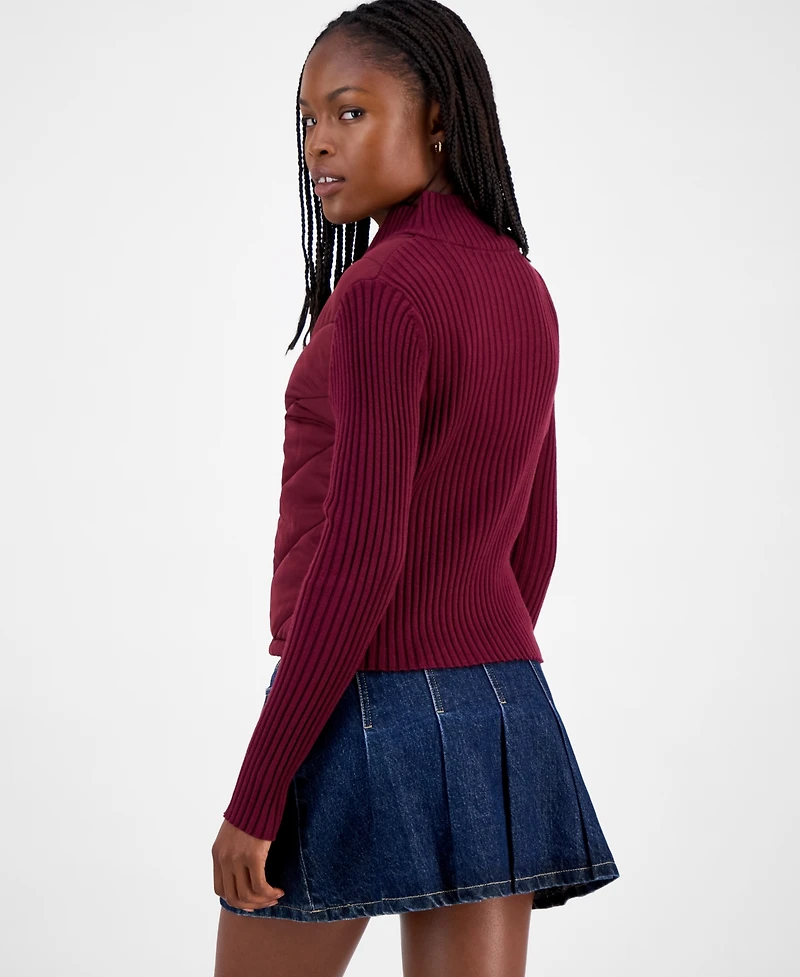 Madden Girl Juniors' Quilted-Front Full-Zip Cardigan