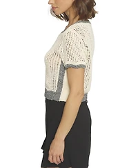 Central Park West Women's Cropped Mesh Stitch Crewneck Top