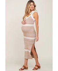 Pinkblush Maternity Taupe Striped Ribbed Sleeveless Knit Dress