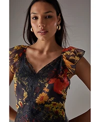 Warehouse Women's Lace Insert Frill Sleeve Midi Dress