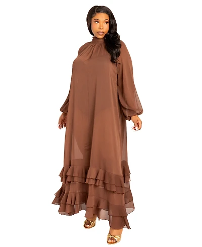 Buxom Couture Women's Plus Tie Neck Chiffon Maxi Gown