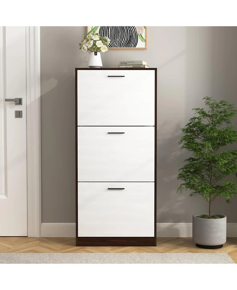 Vanirror Shoe Storage Cabinet with 3 White Panel Flip Drawers, Freestanding Organizer for Entryway, Narrow Shoe Rack Cabinet (Walnut-3 Drawers)