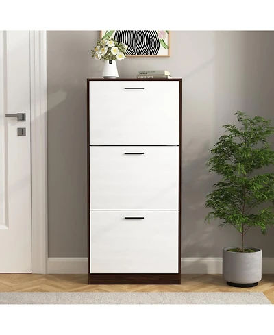Vanirror Shoe Storage Cabinet with 3 White Panel Flip Drawers, Freestanding Organizer for Entryway, Narrow Shoe Rack Cabinet (Walnut-3 Drawers)