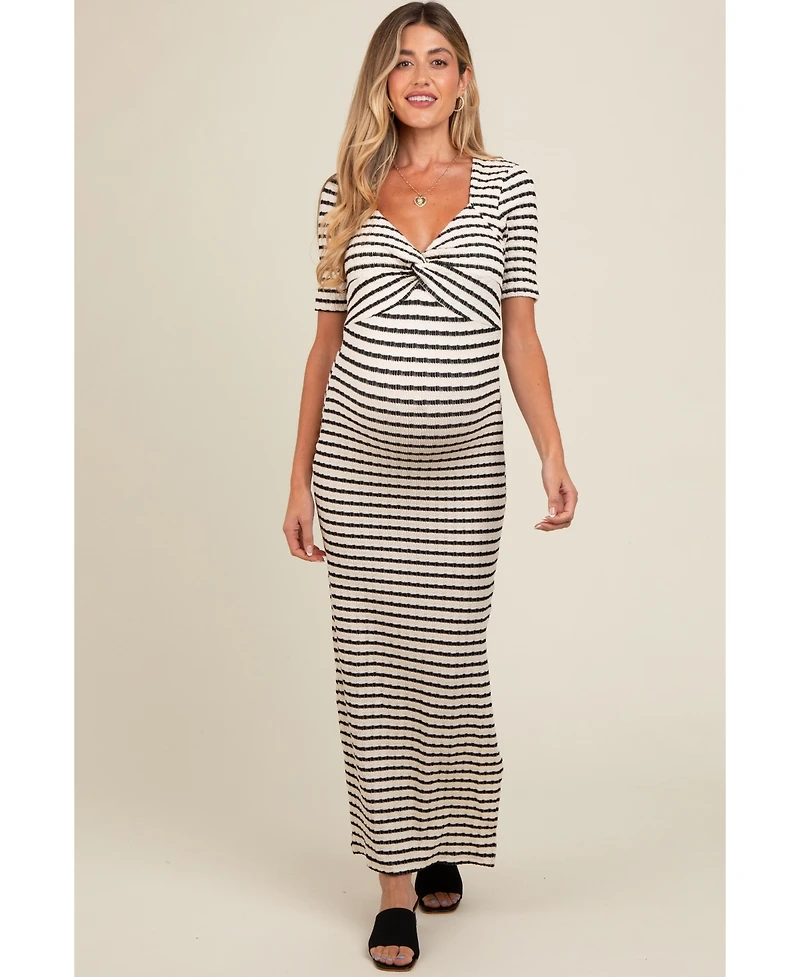 Pinkblush Ivory Black Striped Knit Short Sleeve Maternity Maxi Dress