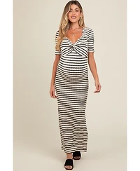 Pinkblush Ivory Black Striped Knit Short Sleeve Maternity Maxi Dress