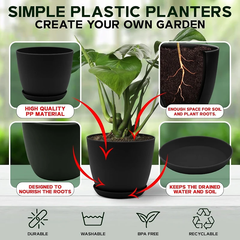Lifemaster Campior Plastic Plant Pots with Drainage