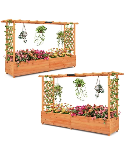 Gymax Raised Garden Bed w/ 2-Sided Trellis & Hanging Roof Fir Wood Planter Box w/ Drainage Holes