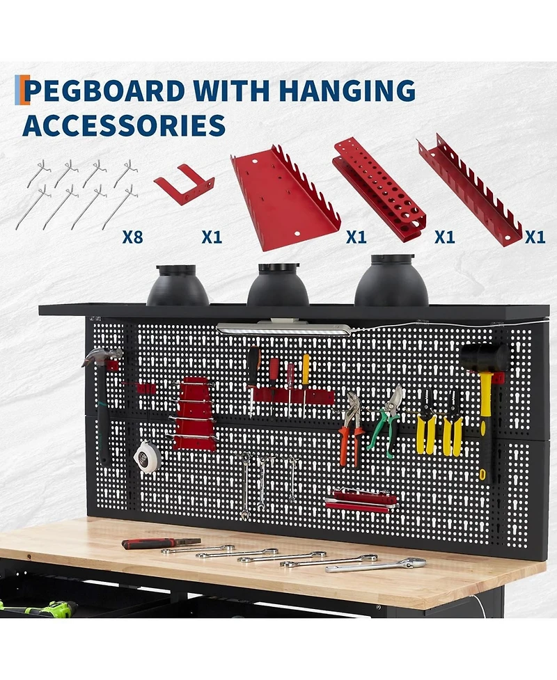 60" Heavy Duty Workbench w/Drawers,Garage Work Bench w/Pegboard,Led Lighting System,Tool Storage,Wood Metal Work Table for Workshop Warehouse