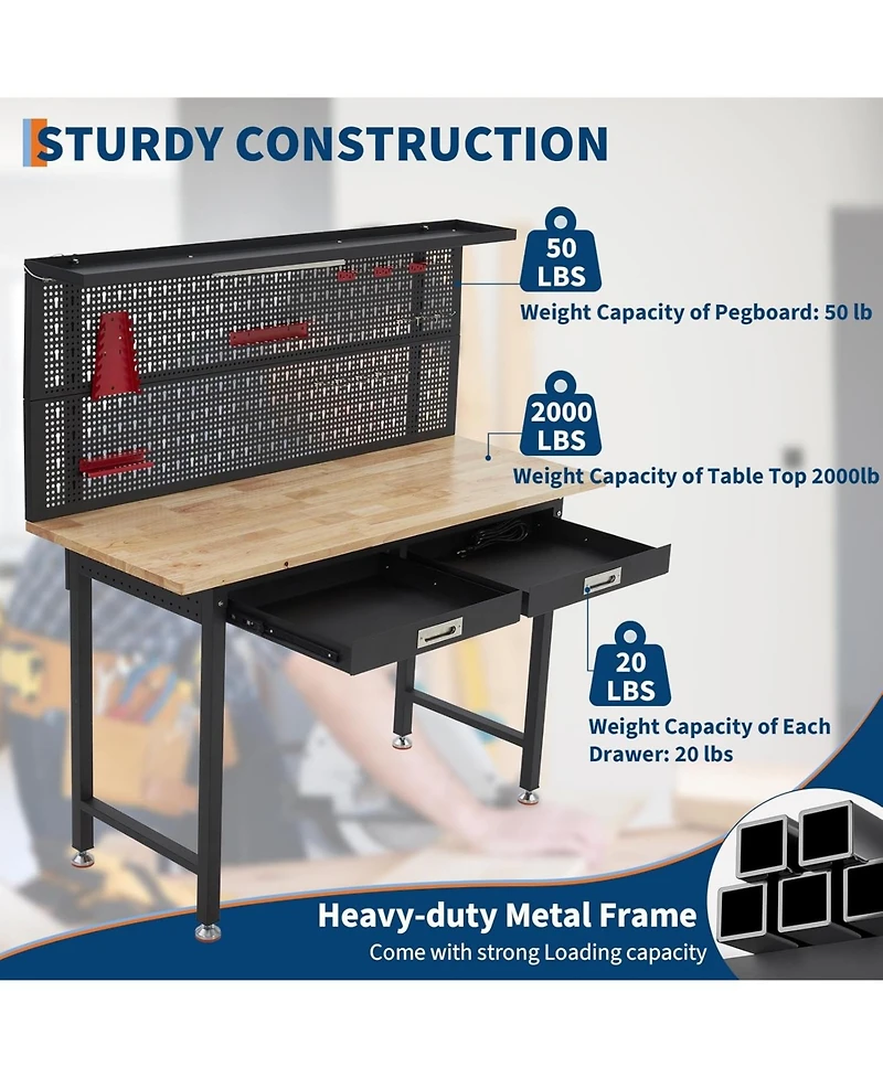 gaomon 48" Heavy Duty Workbench w/Drawers,Garage Work Bench w/Pegboard,Led Lighting System,Tool Storage,Wood Metal Work Table for Workshop Warehouse