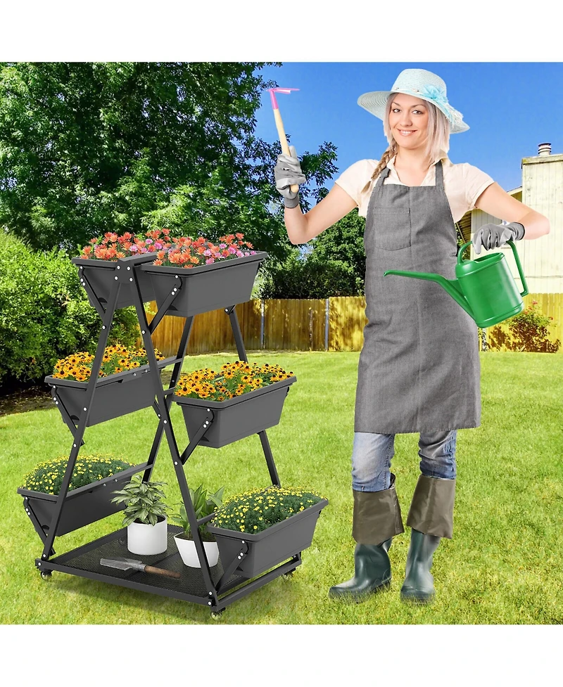 Gymax 3-tier Vertical Garden Planter Box w/ Lockable Wheels Drainage Holes for Patio