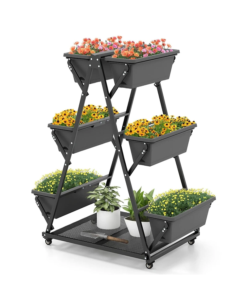 Gymax 3-tier Vertical Garden Planter Box w/ Lockable Wheels Drainage Holes for Patio