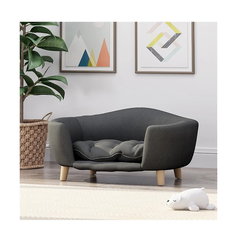 Zeus & Ruta Gray Corduroy Elevated Pet Couch with Wood Legs