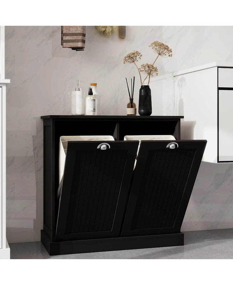 Casainc Two-Compartment Tilt-Out Laundry Sorter Cabinet with Hidden Storage