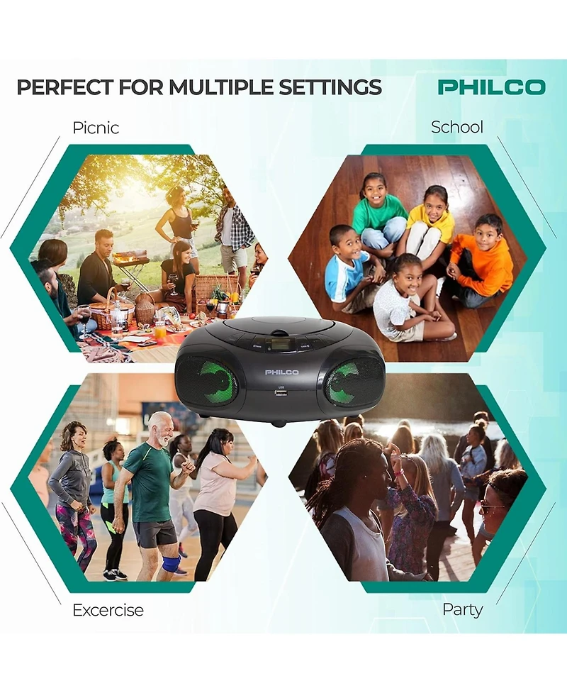Philco Cd Player Boombox with Bluetooth, Am/Fm Radio, Portable Cd Players for Home, Dynamic Light Display