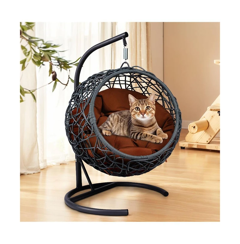 Zeus & Ruta Brown Rattan Cat Egg Chair with Stand and Cushion