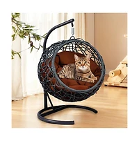 Zeus & Ruta Brown Rattan Cat Egg Chair with Stand and Cushion