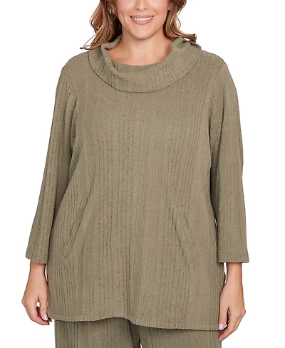 Hearts Of Palm Plus Solid Texture Hatchi Cowl Neck Tunic Top