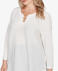 Hearts Of Palm Plus Size Novelty Crinkle 3/4 Sleeve Top