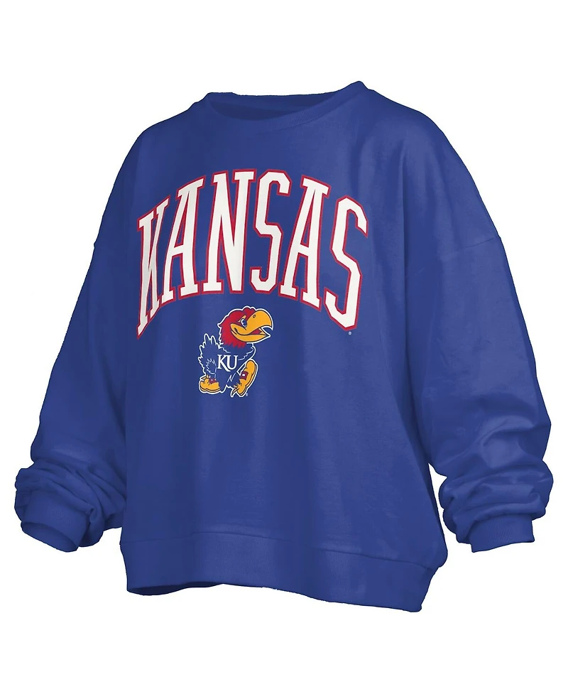 Pressbox Women's Royal Kansas Jayhawks Janise Arch Over Logo Waist Length Oversized Pullover Sweatshirt