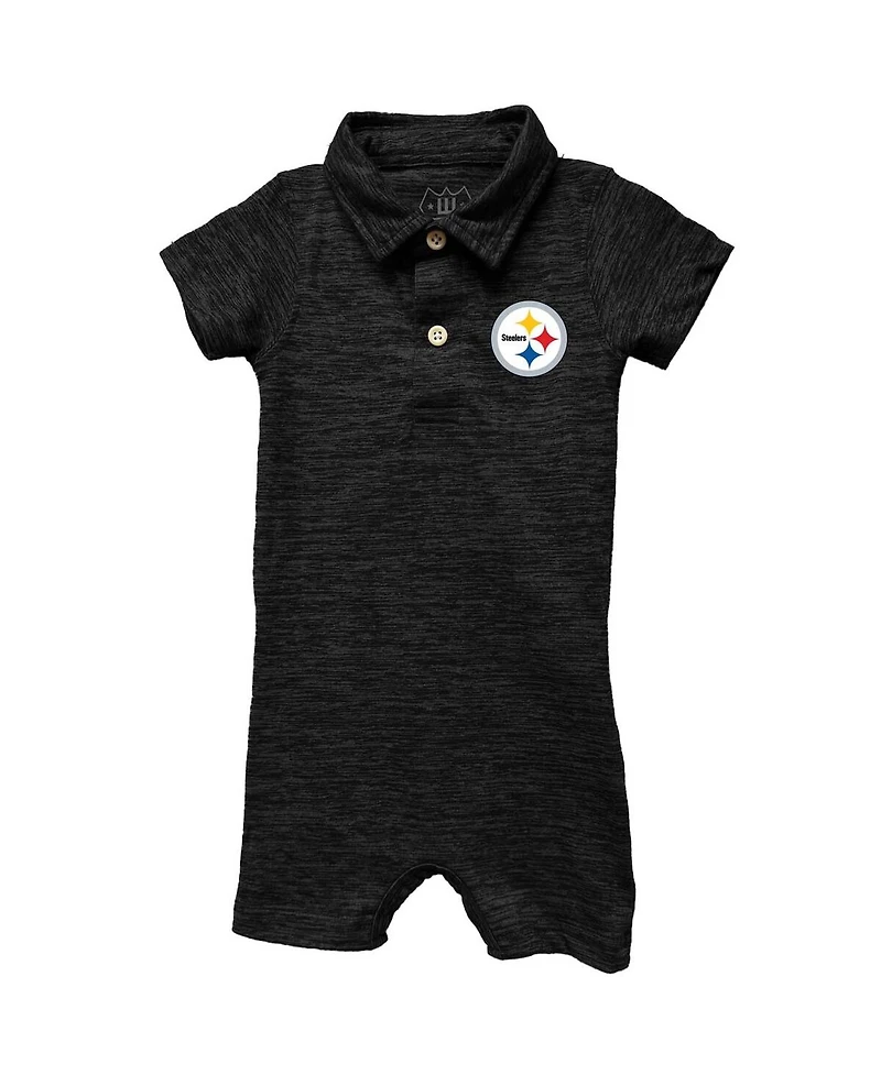 Wes & Willy Baby Boys and Girls Black Pittsburgh Steelers Short Leg Cloudy Yarn Polo Bodysuit