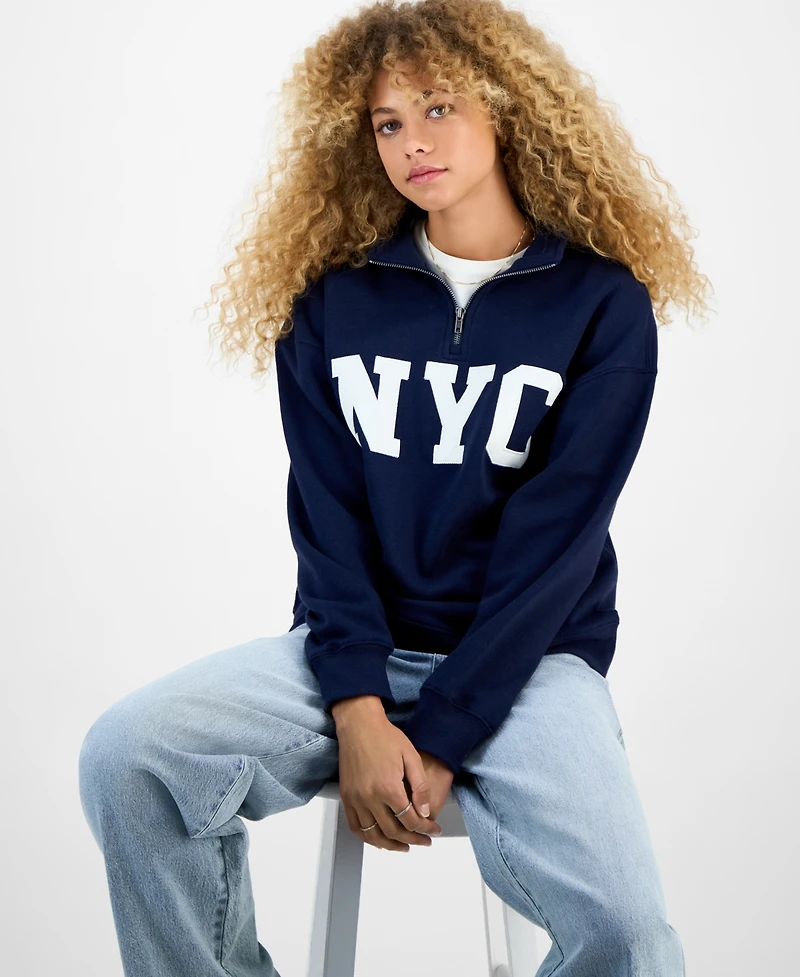 Hippie Rose Juniors' Drop Shoulder Quarter-Zip Sweatshirt