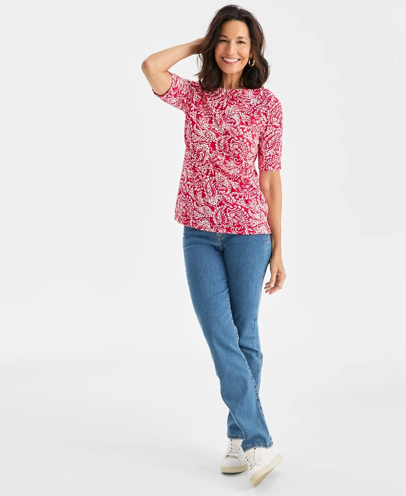 Style & Co Women's Printed Boat-Neck Elbow-Sleeve Top, Macy's Exclusive