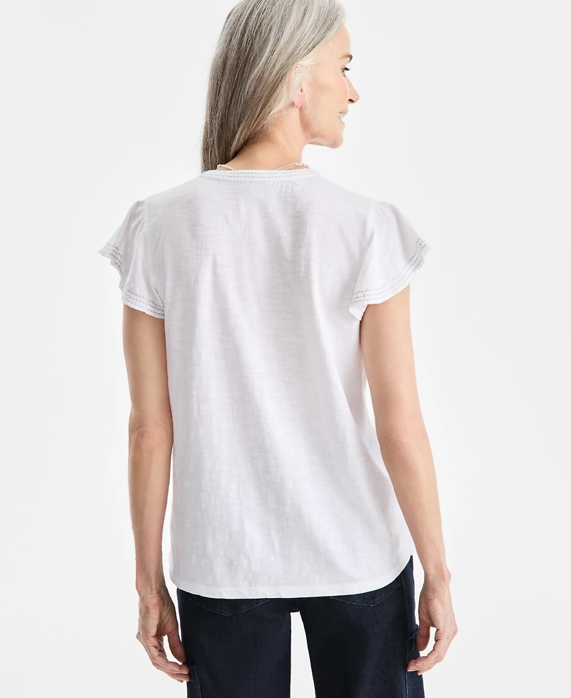 Style & Co Petite Cotton Embroidered Flutter-Sleeve Knit Top, Macy's Exclusive