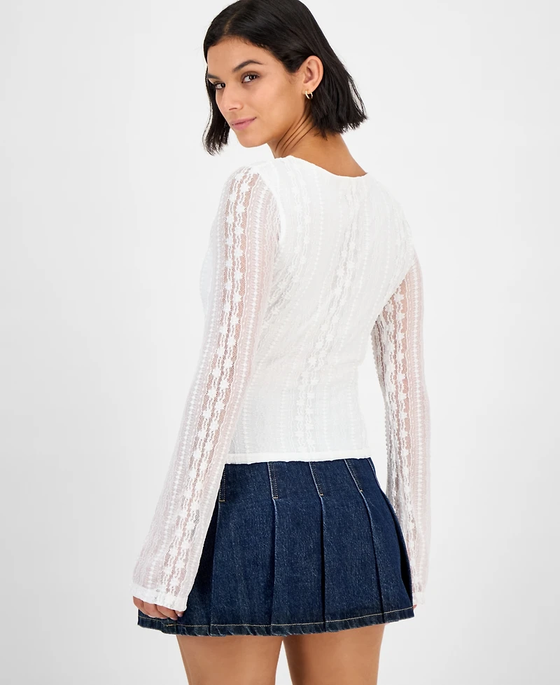 Ultra Flirt Juniors' Lace V-Neck Bell-Sleeve Top