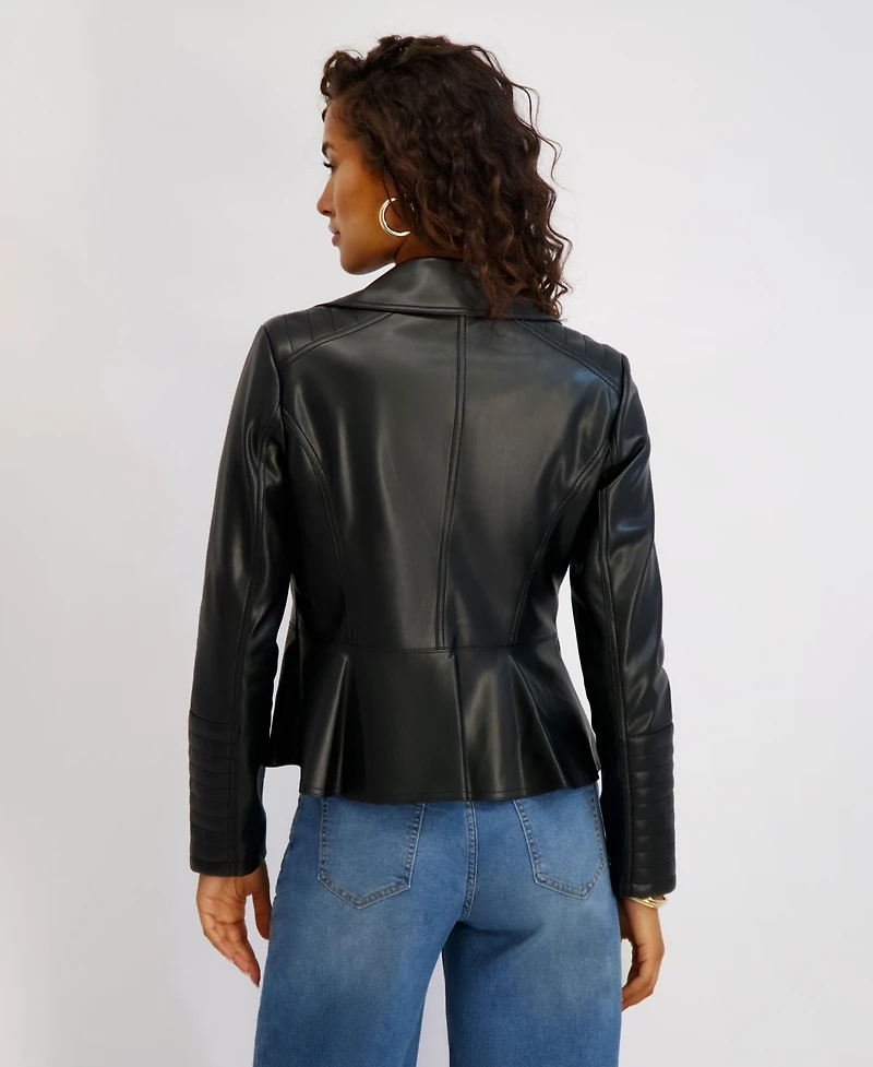 Kensie Women's Asymmetrical Pu Peplum Moto Jacket with Quilting Details