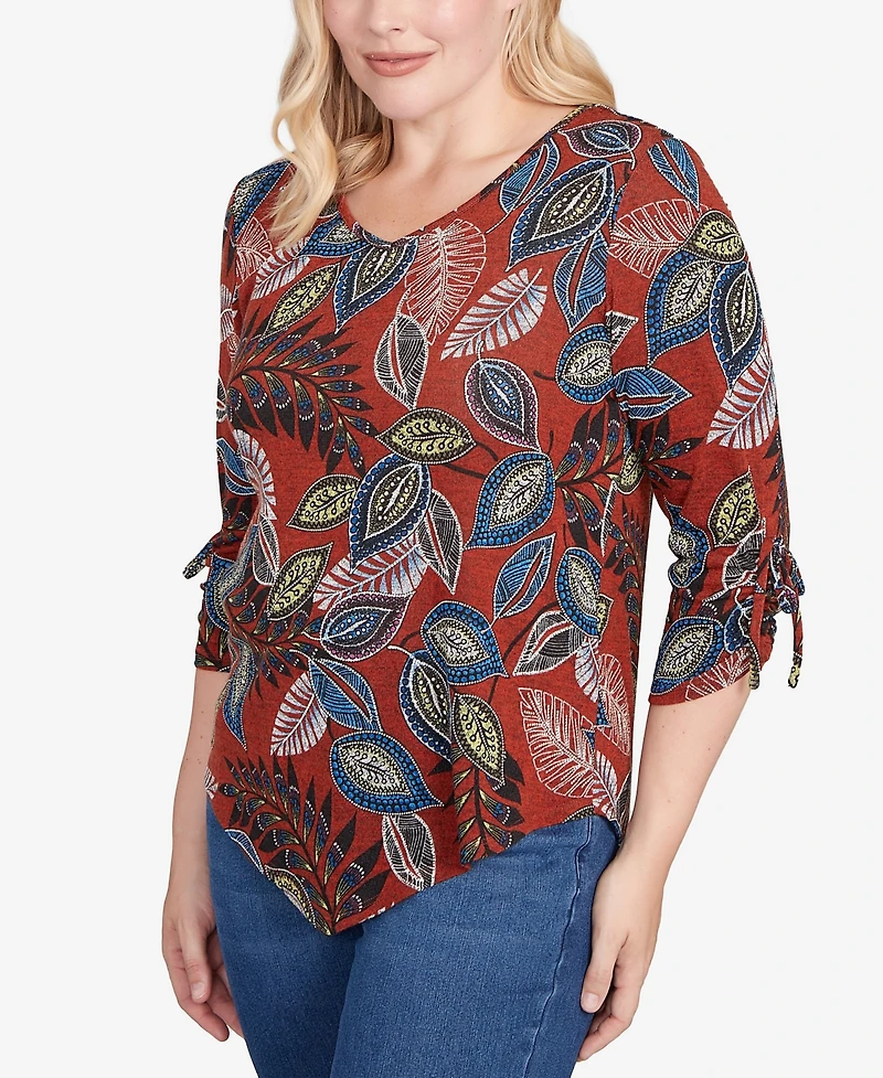 Alfred Dunner Petite Sunset Canyon Batik Leaves Melange Asymmetrical Top