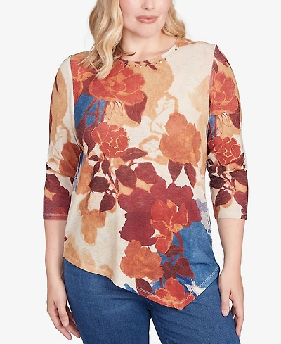Alfred Dunner Petite Sunset Canyon Dramatic Abstract Floral Asymmetrical Top