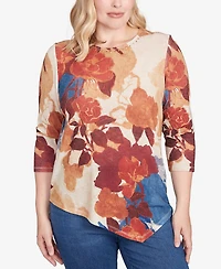 Alfred Dunner Petite Sunset Canyon Dramatic Abstract Floral Asymmetrical Top
