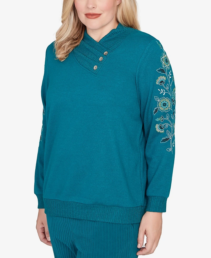 Alfred Dunner Petite Lake Champlain Embroidered Sleeve Button Detail Top