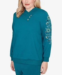 Alfred Dunner Petite Lake Champlain Embroidered Sleeve Button Detail Top