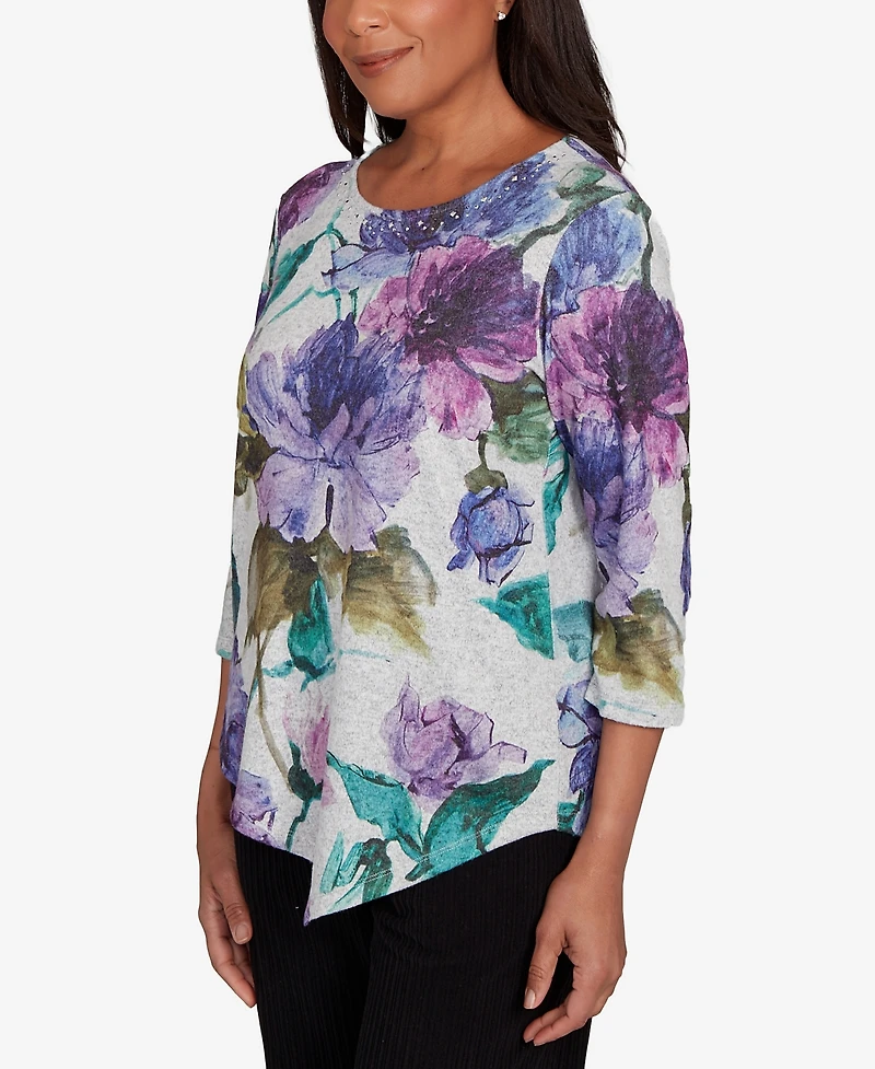 Alfred Dunner Petite Lake Champlain Asymmetrical Watercolor Flower Top