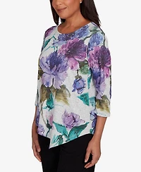 Alfred Dunner Petite Lake Champlain Asymmetrical Watercolor Flower Top