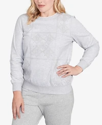 Alfred Dunner Petite Casual Vibe Embroidered Patchwork Long Sleeve Top