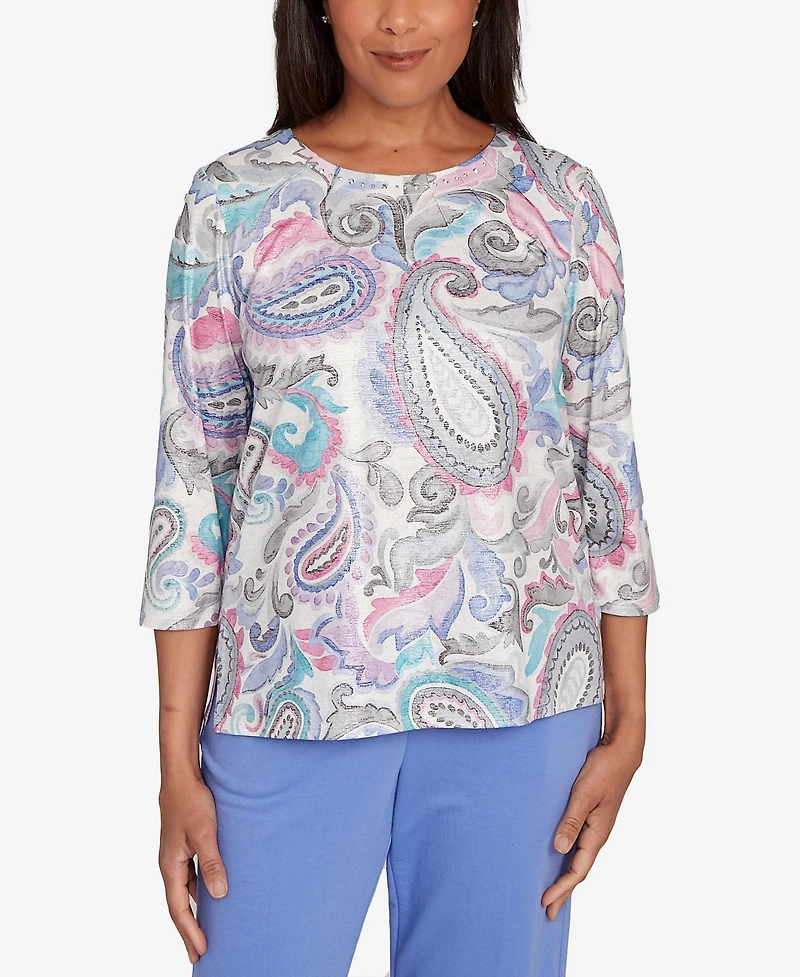 Alfred Dunner Petite Casual Vibe Pleated Paisley Crew Neck Top