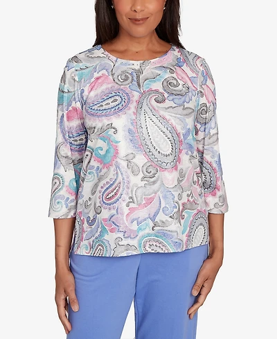 Alfred Dunner Petite Casual Vibe Pleated Paisley Crew Neck Top