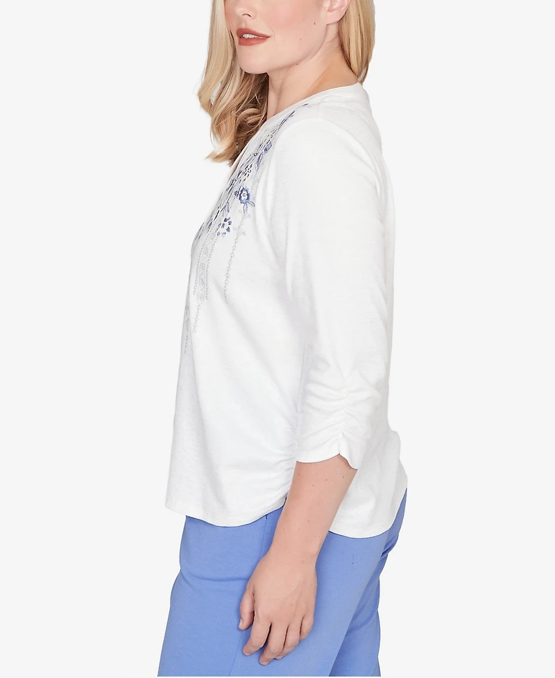 Alfred Dunner Petite Casual Vibe Geometric Floral Ruched Henley Top