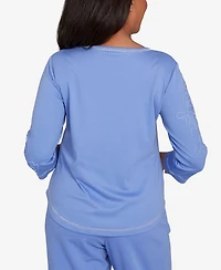Alfred Dunner Petite Casual Vibe Asymmetrical Floral Embroidered Detail Top