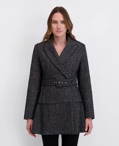 Kensie Women's Belted Herringbone Tweed Skirted Wool Jacket