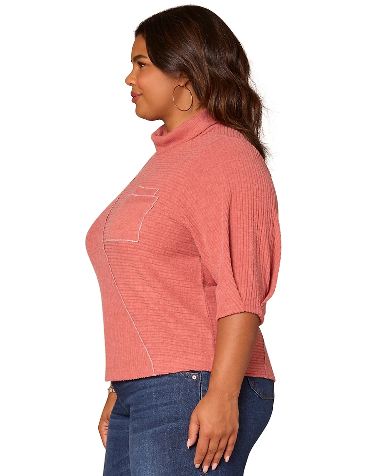 Democracy Plus Size Pleated Elbow Sleeve Mock Neck Knit Top