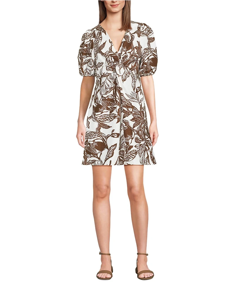 Lands' End Women's Tall Linen Above the Knee Puff Sleeve Dress