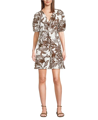 Lands' End Women's Tall Linen Above the Knee Puff Sleeve Dress