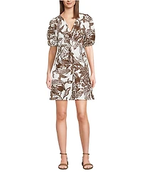 Lands' End Women's Tall Linen Above the Knee Puff Sleeve Dress
